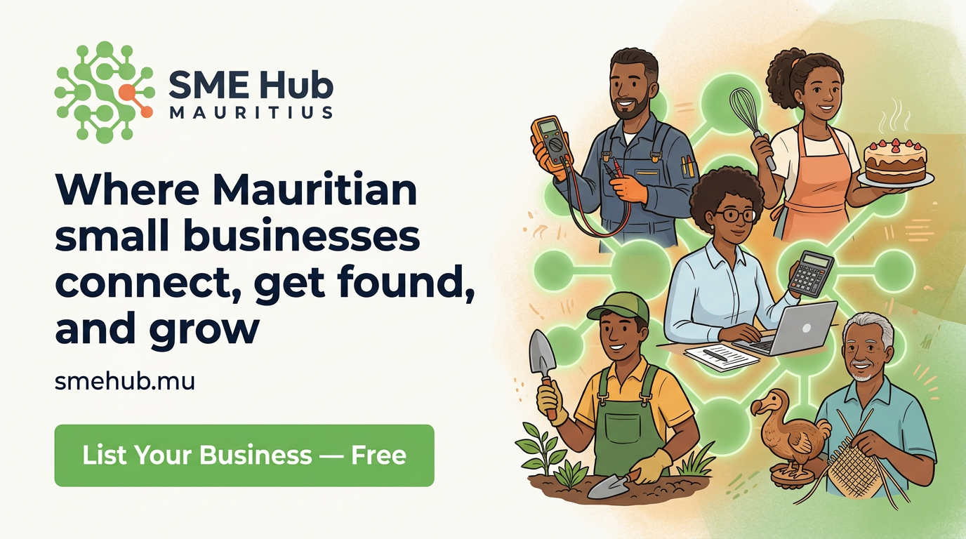 Mauritian small business owners at work — electrician, baker, accountant, farmer
